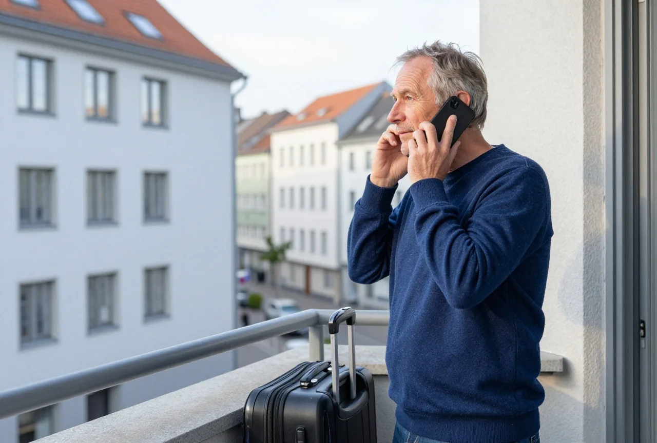 Ein Mann in den Sechzigern telefoniert auf dem Balkon, neben ihm steht ein geschlossener Koffer im Morgenlicht