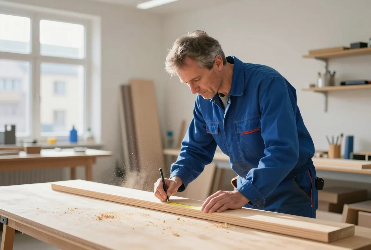 Ein Tischler in den Vierzigern misst in einer hellen Werkstatt ein Holzbrett aus, im Licht schwebt Sägestaub