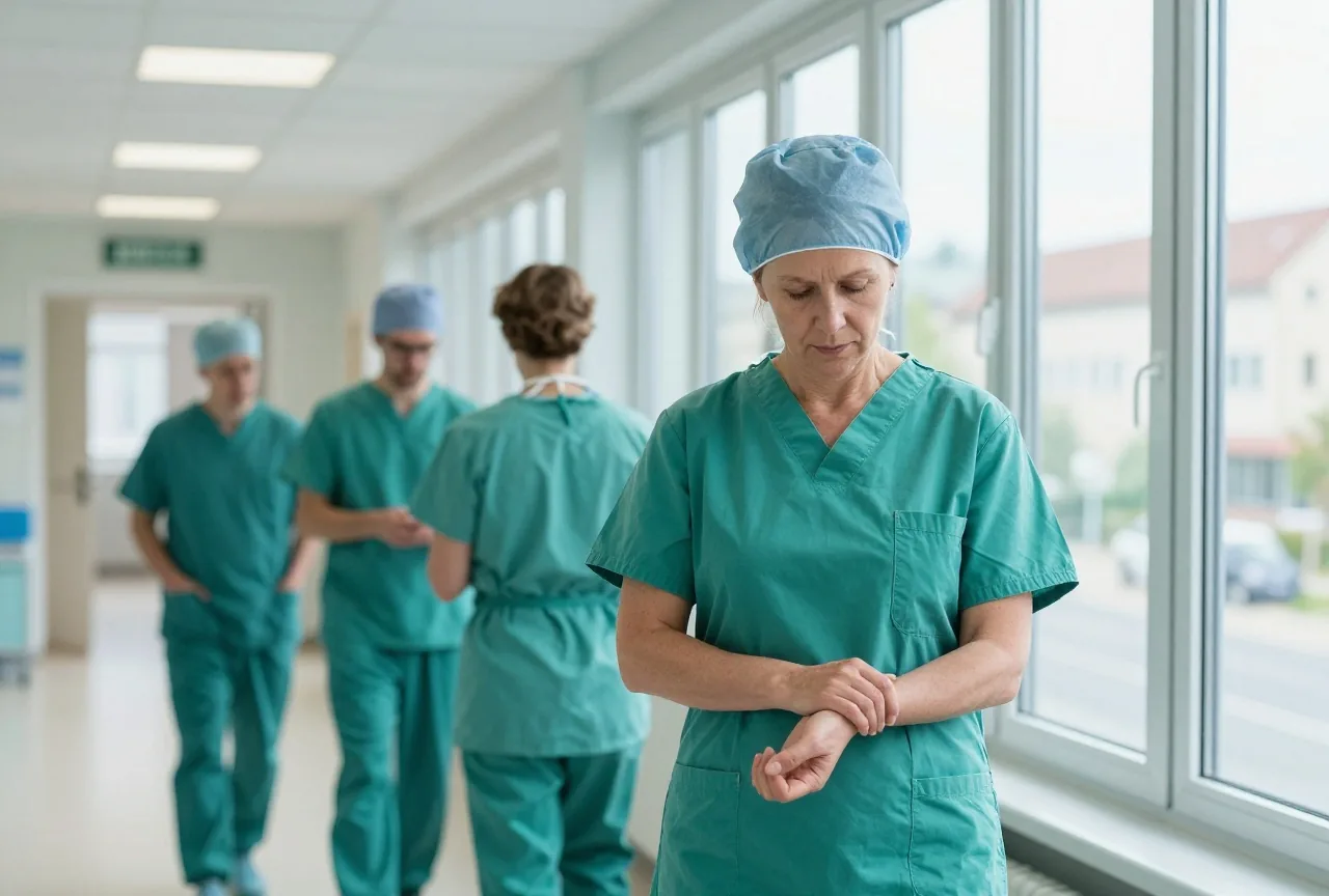 Eine Chirurgin in den Fünfzigern in grüner Kleidung steht an einem Krankenhausfenster und hält ihr rechtes Handgelenk