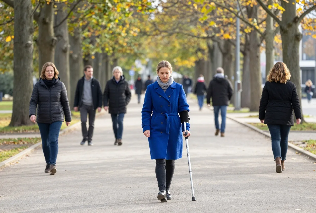 Eine Frau in den Dreißigern geht mit einer Unterarmgehstütze einen sonnigen Parkweg mit herbstlichen Bäumen entlang