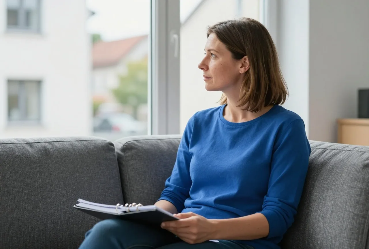 Eine Frau in den Vierzigern sitzt mit einem Ordner auf dem Schoß auf dem Sofa und schaut hinaus