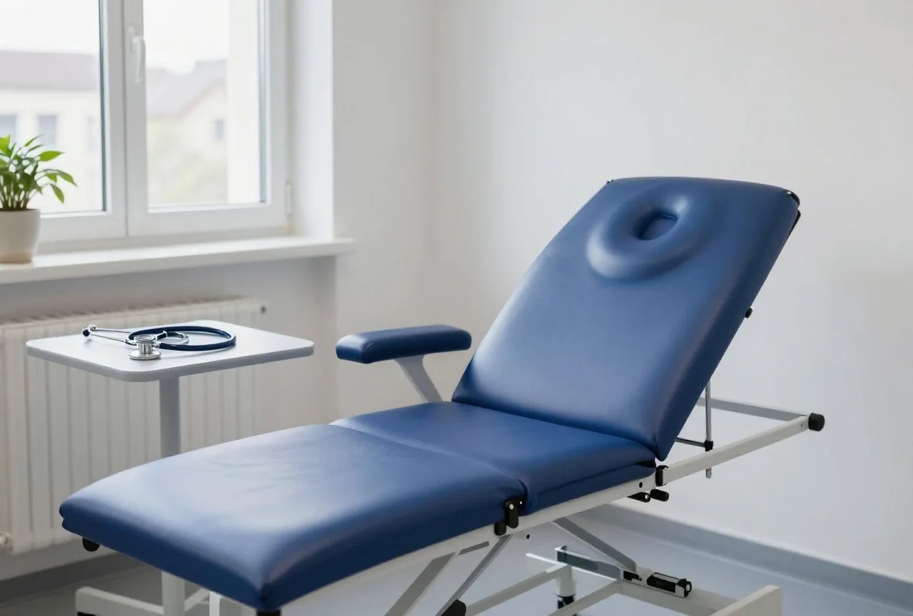 Ein leeres kardiologisches Untersuchungszimmer mit Liege, Stethoskop auf einem kleinen Tisch und einer Pflanze am Fenster