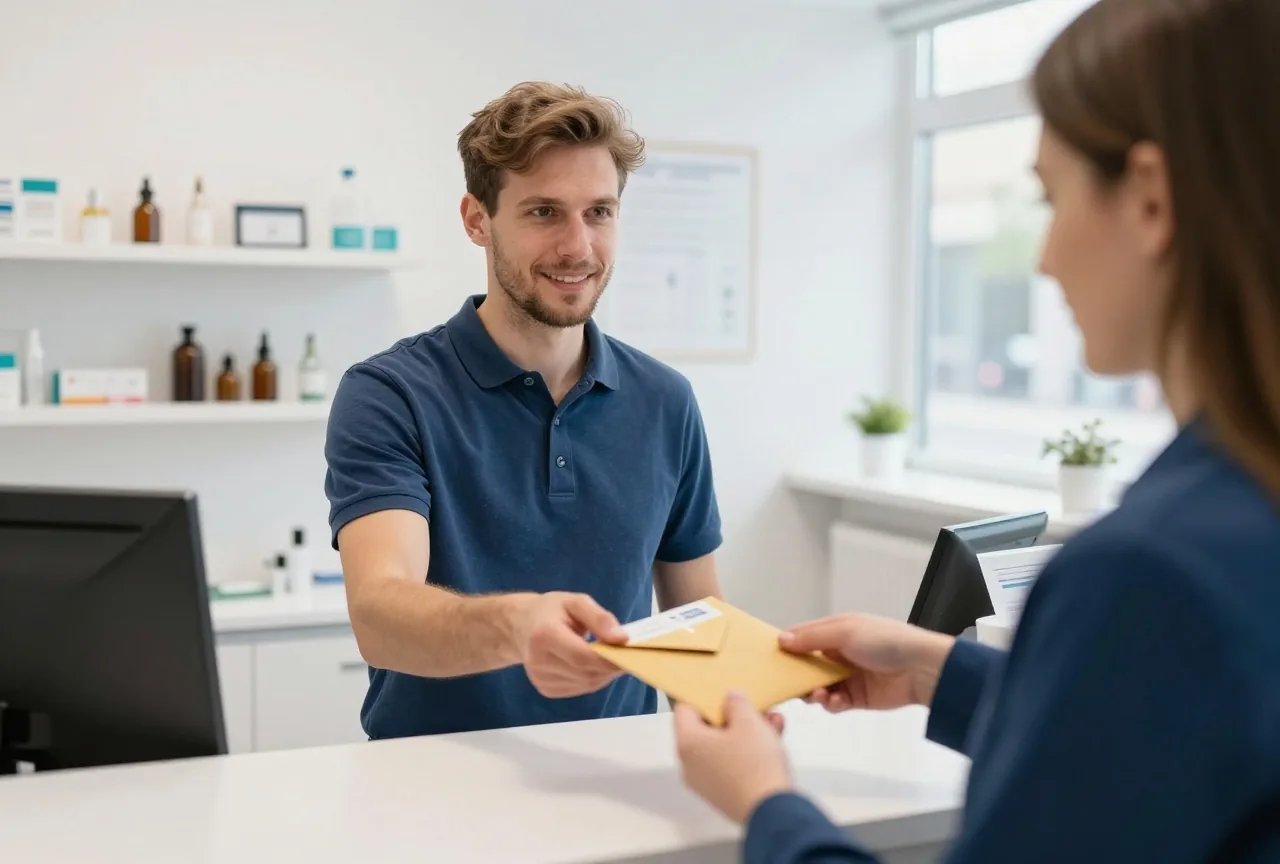 Ein Mann in den Dreißigern nimmt am Empfang einer hellen Arztpraxis einen verschlossenen Umschlag entgegen