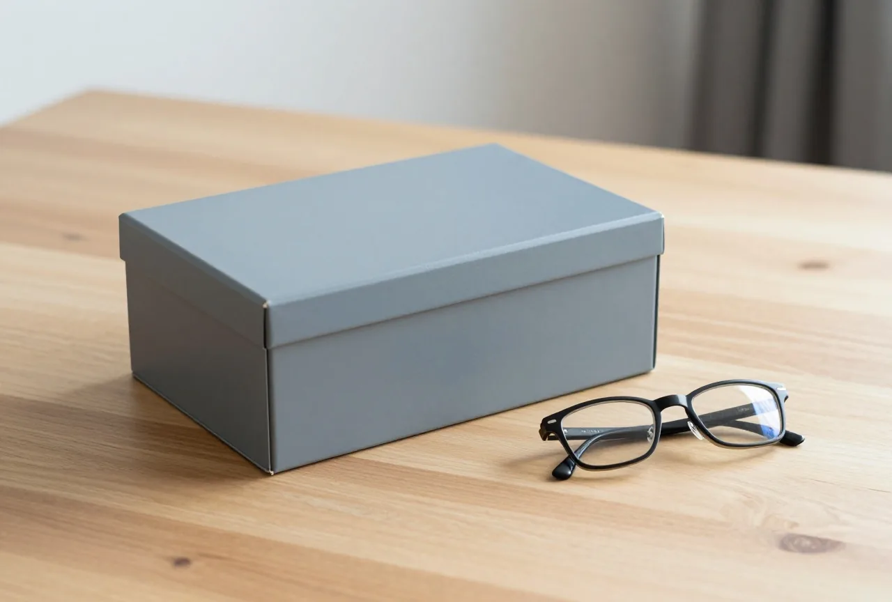 Eine geschlossene graue Archivbox liegt auf einem leeren Holztisch neben einer Lesebrille im weichen Seitenlicht