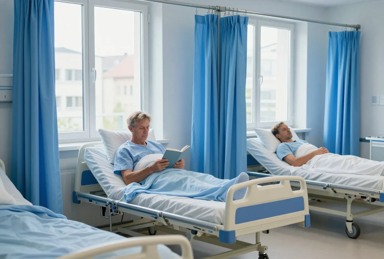 Ein Krankenhauszimmer mit drei durch Vorhänge getrennten Betten, am Fenster liest ein Mann in den Sechzigern