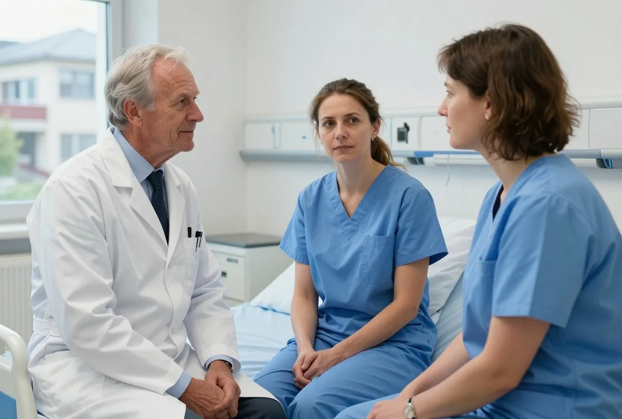 Ein Arzt in den Fünfzigern im weißen Kittel spricht mit einer Patientin in den Vierzigern, die auf dem Klinikbett sitzt