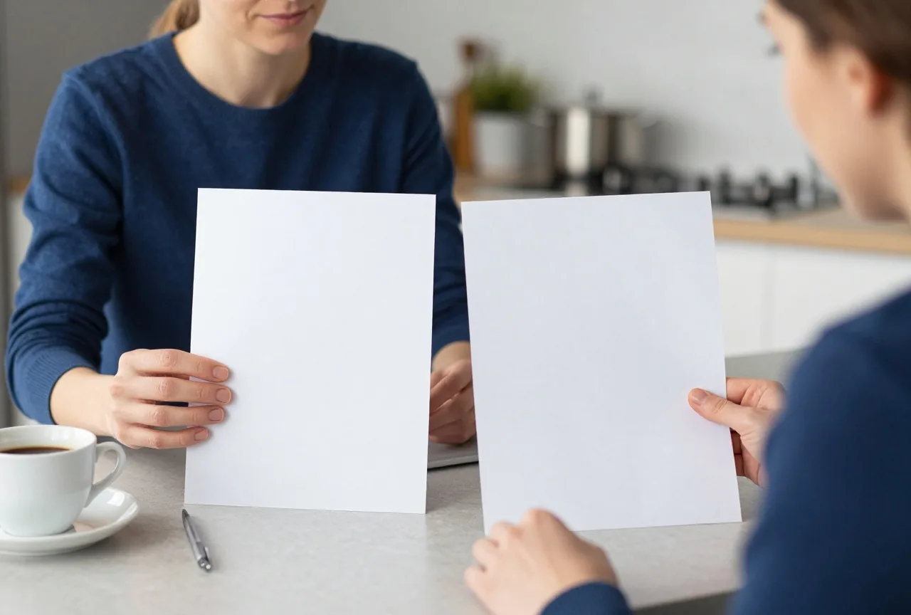 Eine Frau in den Dreißigern vergleicht am Küchentisch zwei Blätter, daneben ein Stift und eine Tasse Kaffee