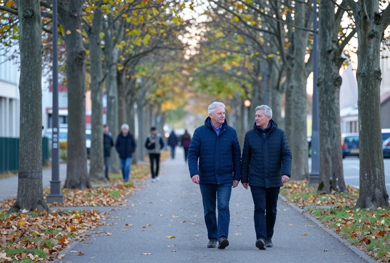 Ein Paar in den Fünfzigern geht Arm in Arm über einen Weg mit Bäumen, auf dem Boden liegt Herbstlaub
