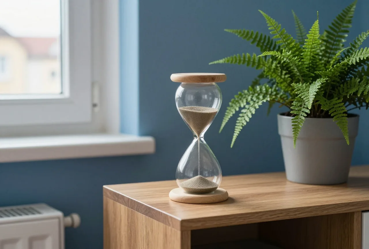 Eine Sanduhr mit feinem Sand steht auf einer Holzkommode neben einem Farn in einem ruhigen Wohnzimmer