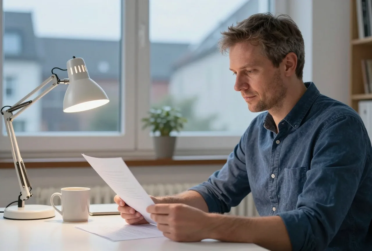 Ein Mann in den Vierzigern hält im Arbeitszimmer ein gefaltetes Blatt Papier, daneben stehen Tasse und Schreibtischlampe