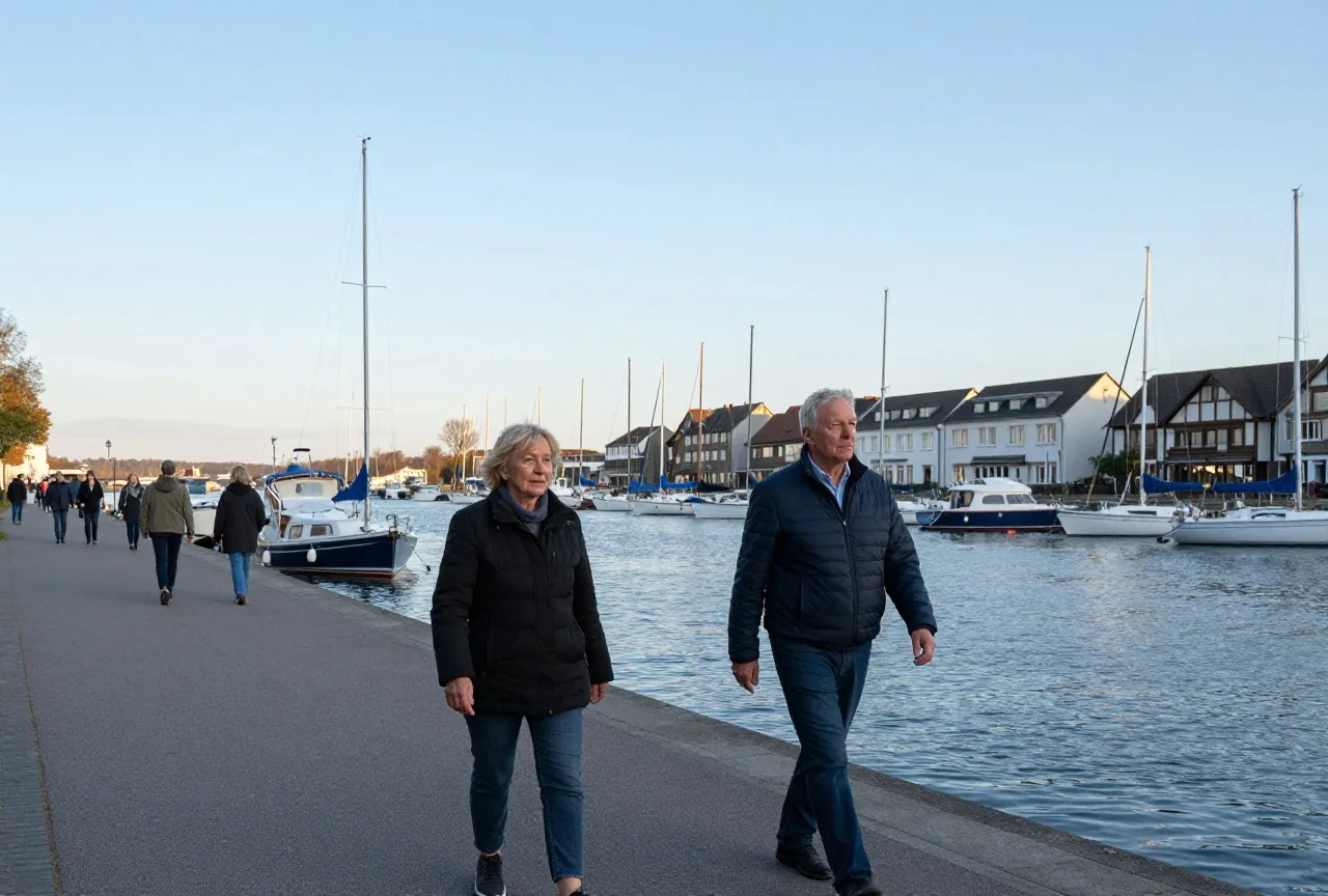 Ein älteres Paar spaziert bei Sonnenuntergang über eine ruhige Hafenpromenade, dahinter liegen Segelboote
