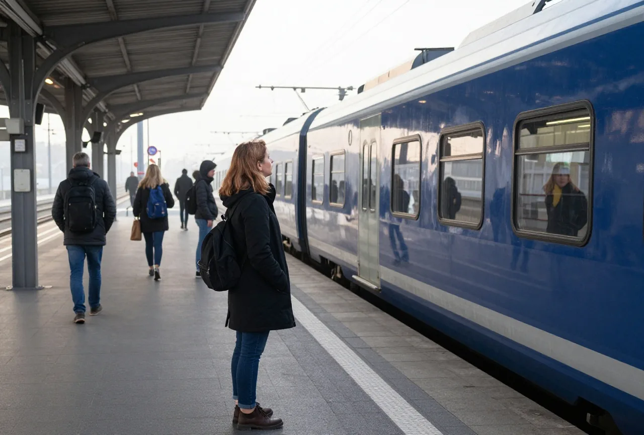 Eine Frau in den Vierzigern steht morgens auf einem Bahnsteig und blickt auf einen einfahrenden Zug