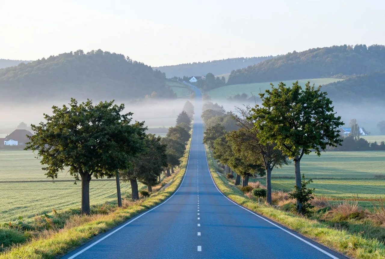 Eine lange Landstraße mit Bäumen führt zu fernen Hügeln, über den Feldern liegt leichter Morgennebel