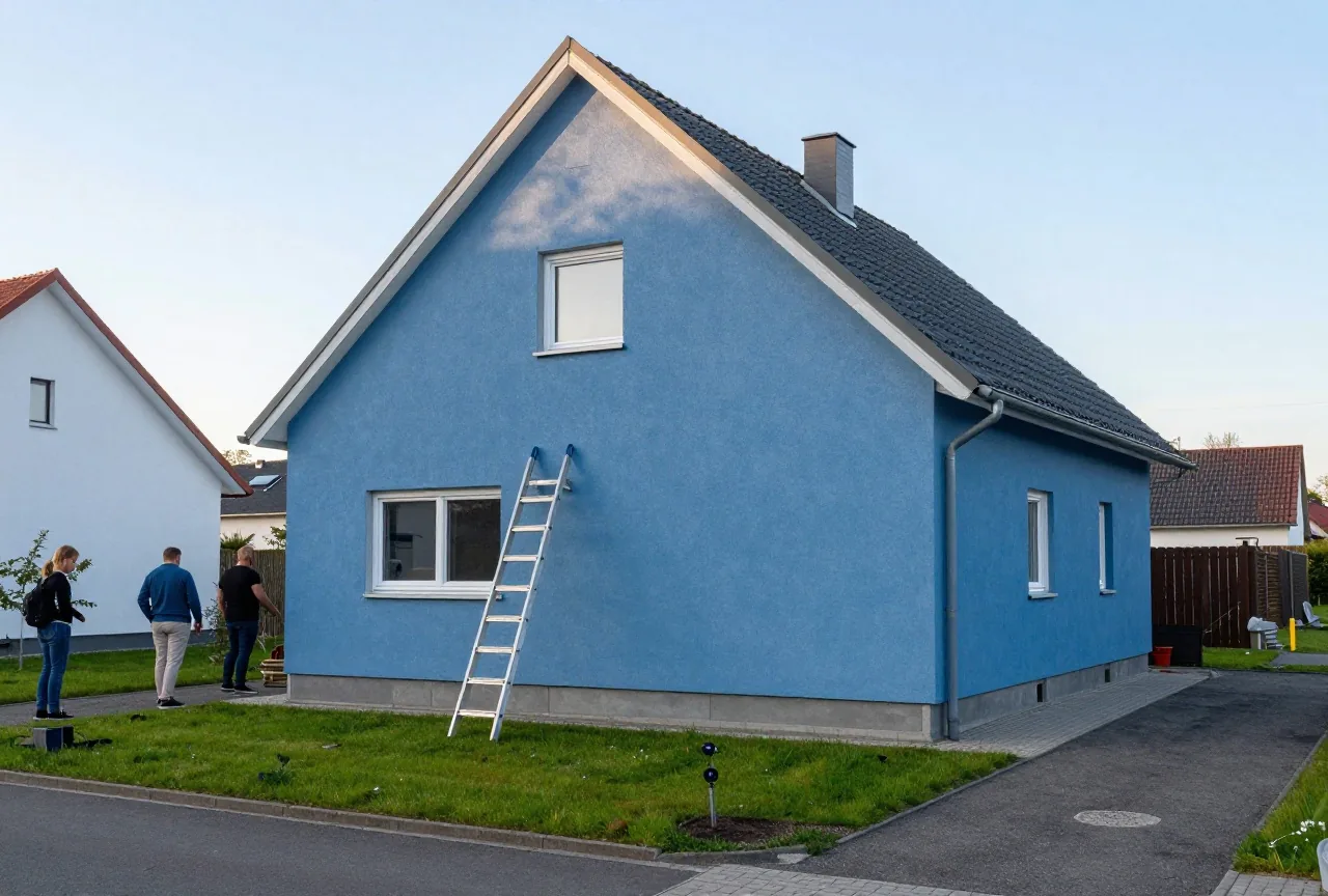 Ein neu gebautes Einfamilienhaus mit kleinem Vorgarten und frischem Rasen, an der Wand lehnt eine Leiter