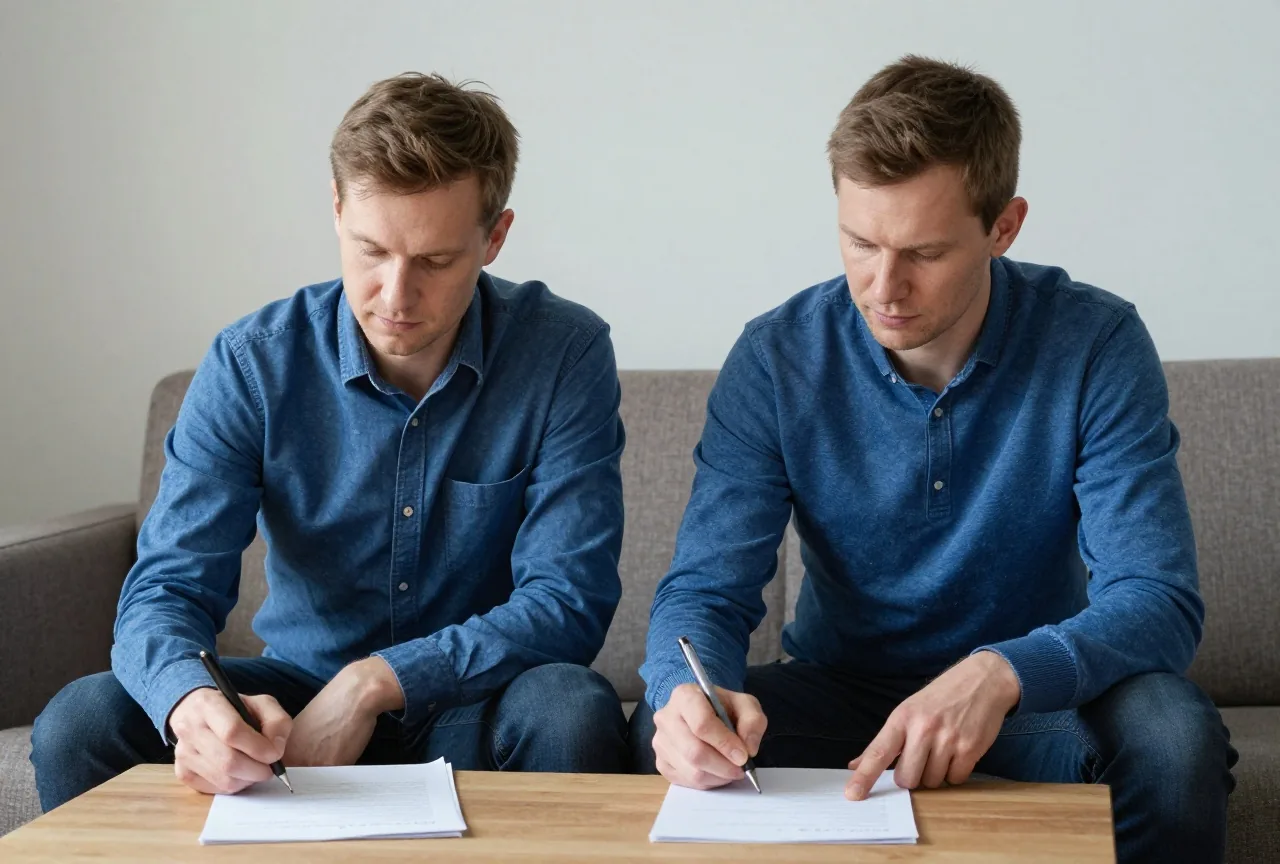 Zwei Erwachsene in den Dreißigern sitzen nebeneinander auf dem Sofa und halten je einen Stift über einem Blatt Papier