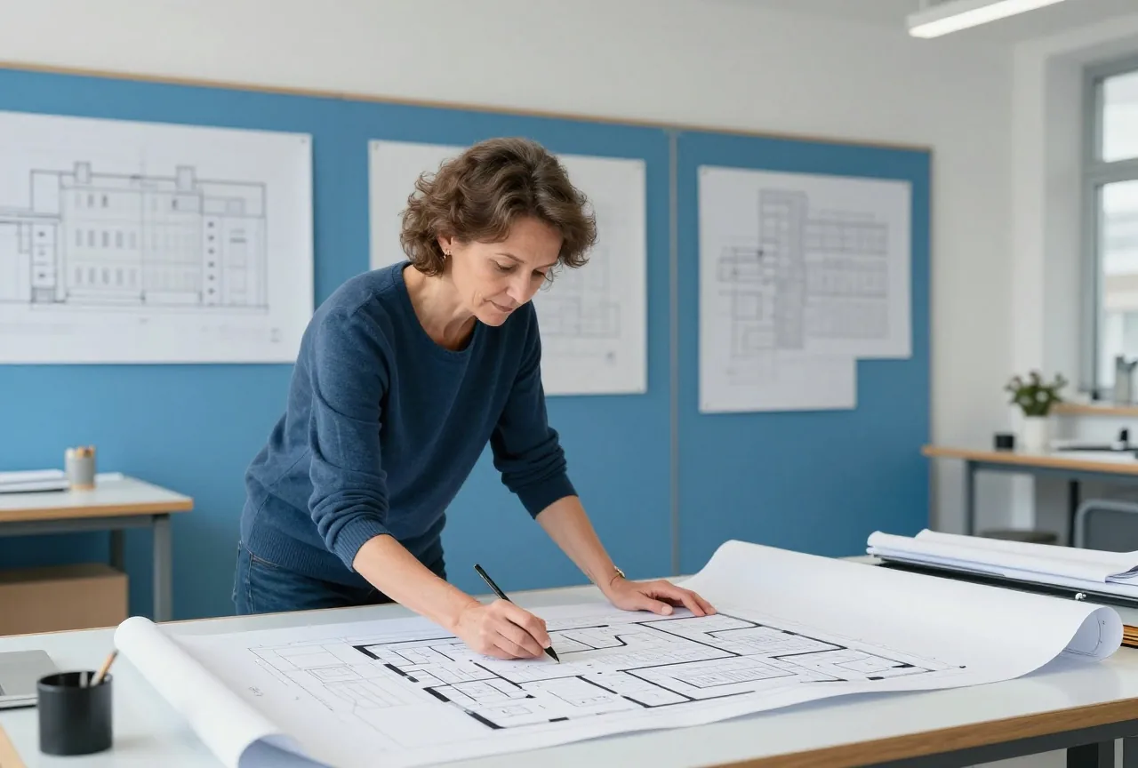 Eine Architektin in den Fünfzigern betrachtet an einem Zeichentisch in einem hellen Atelier einen großen Grundriss