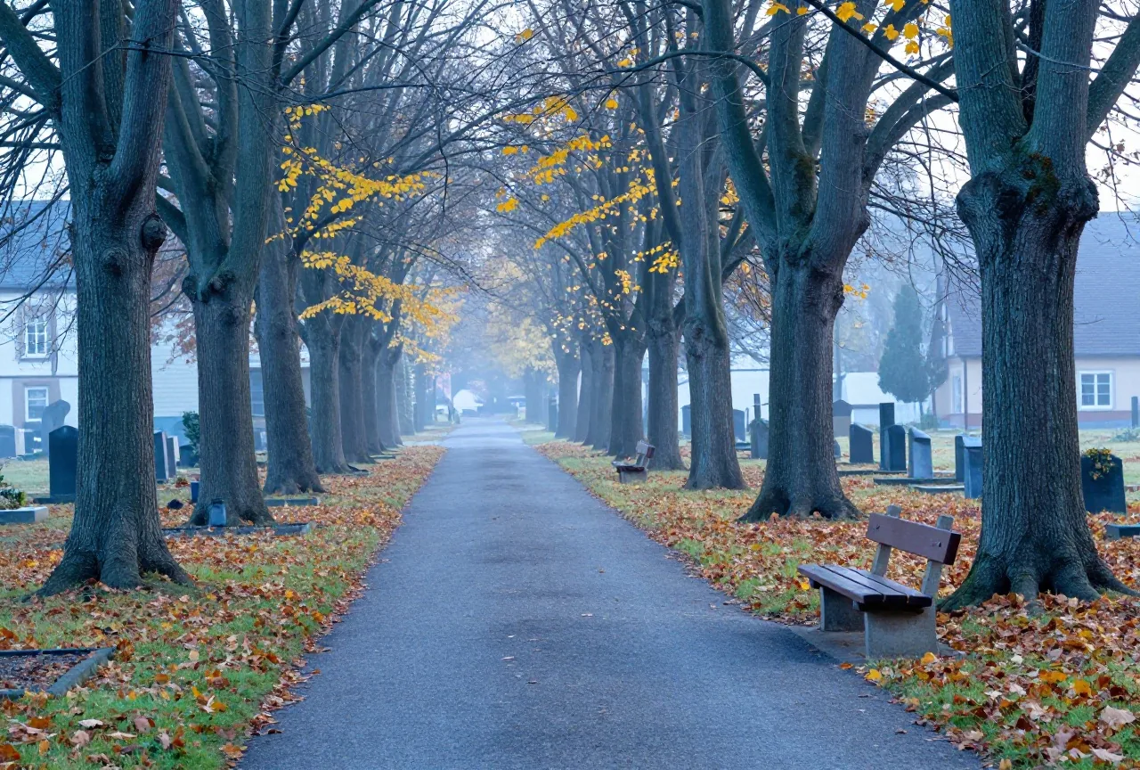 Ein ruhiger Friedhofsweg im Herbst mit alten Bäumen, Laub auf dem Boden und einer Holzbank am Rand