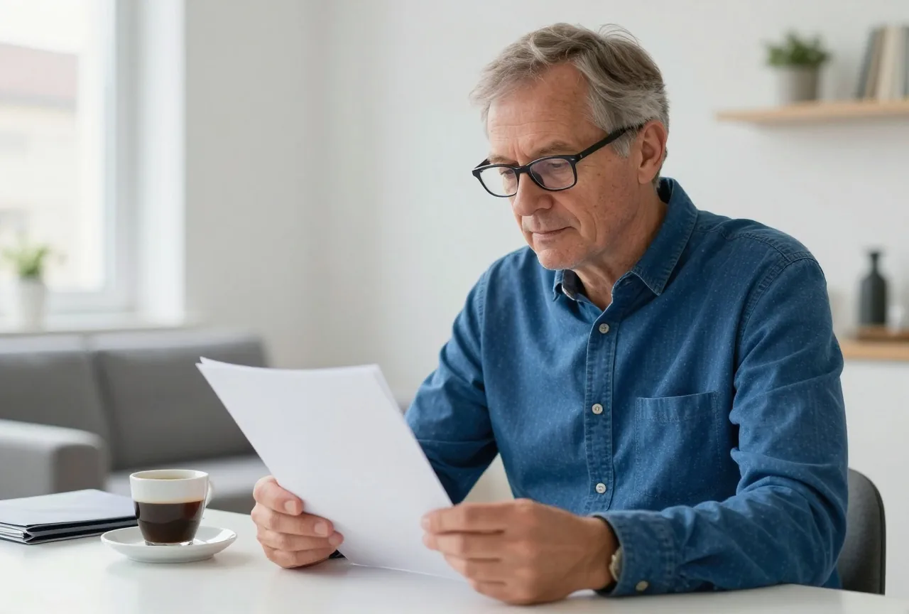 Ein Mann in den Sechzigern liest am Schreibtisch im hellen Wohnzimmer ein Schreiben, daneben Kaffee und ein Ordner