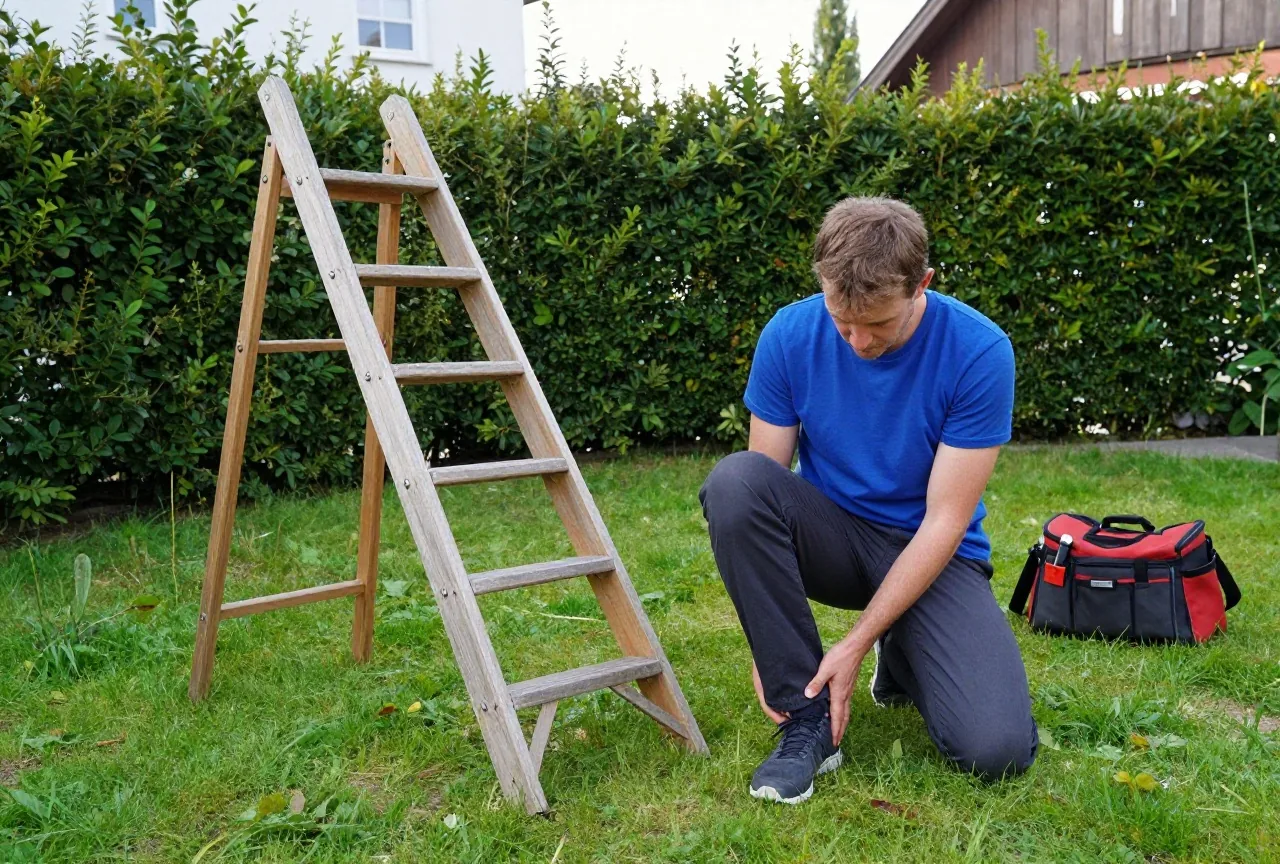Ein Mann in den Dreißigern sitzt im Garten neben einer umgefallenen Holzleiter und hält sich den Knöchel