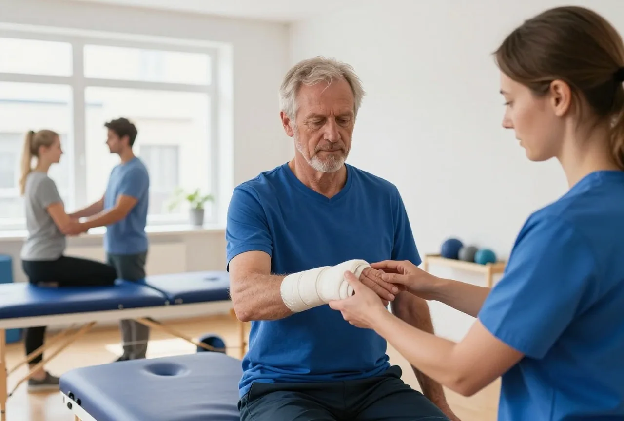 Eine Physiotherapeutin führt in einer hellen Praxis die verbundene Hand eines Mannes in den Fünfzigern durch eine Übung