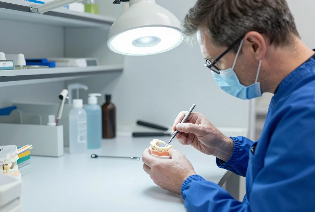 Ein Zahntechniker in den Fünfzigern formt im Labor unter heller Lampe eine weiße Keramikkrone an einem Modell