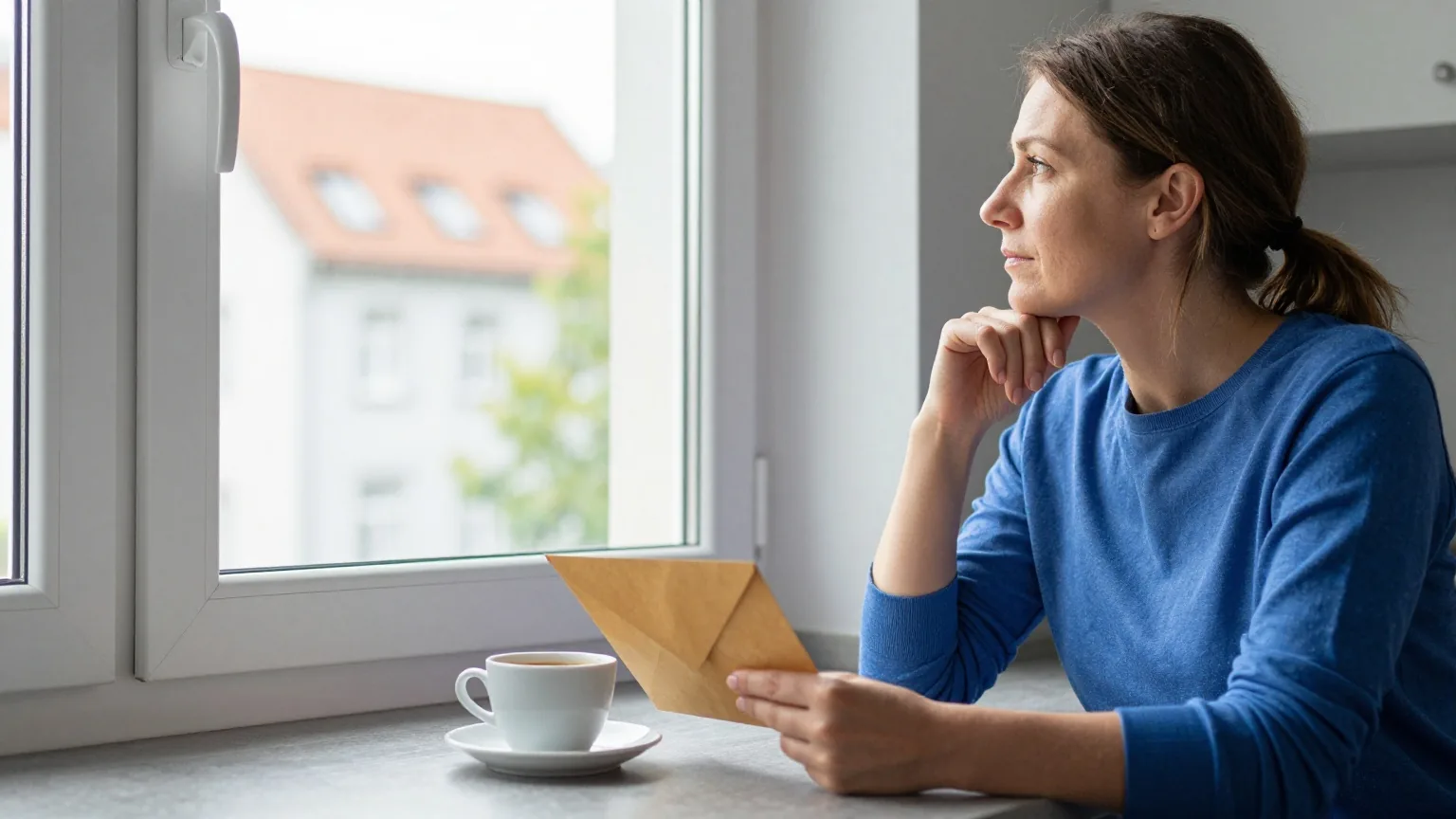 Eine Frau in den Vierzigern sitzt morgens am Küchentisch, hält einen geöffneten Briefumschlag und schaut nachdenklich aus dem Fenster