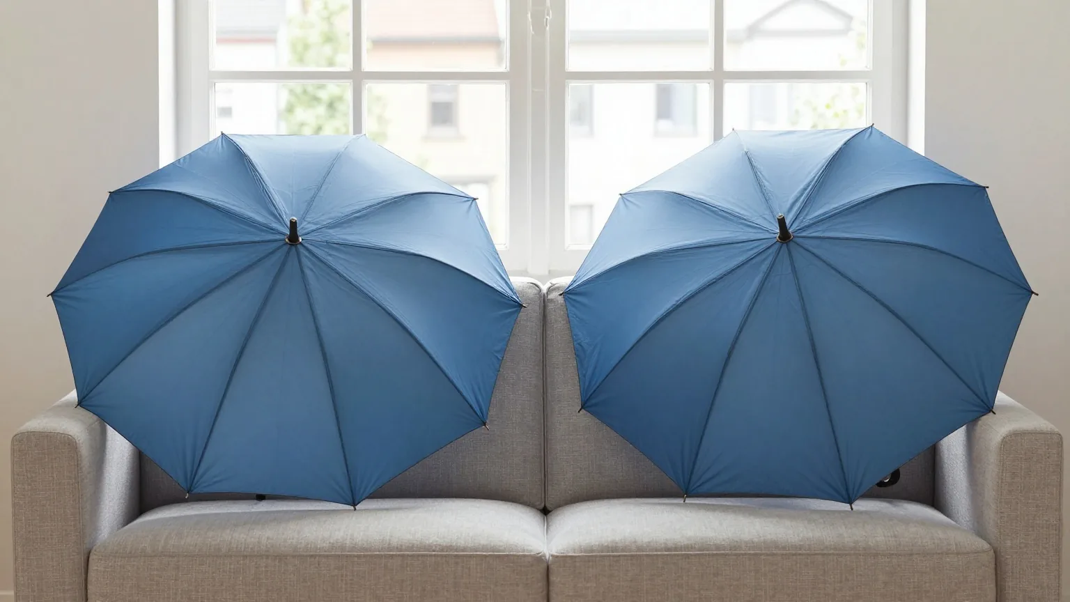 Zwei gleiche aufgespannte Regenschirme stehen nebeneinander über einem einzelnen Sessel in einem hellen Wohnzimmer