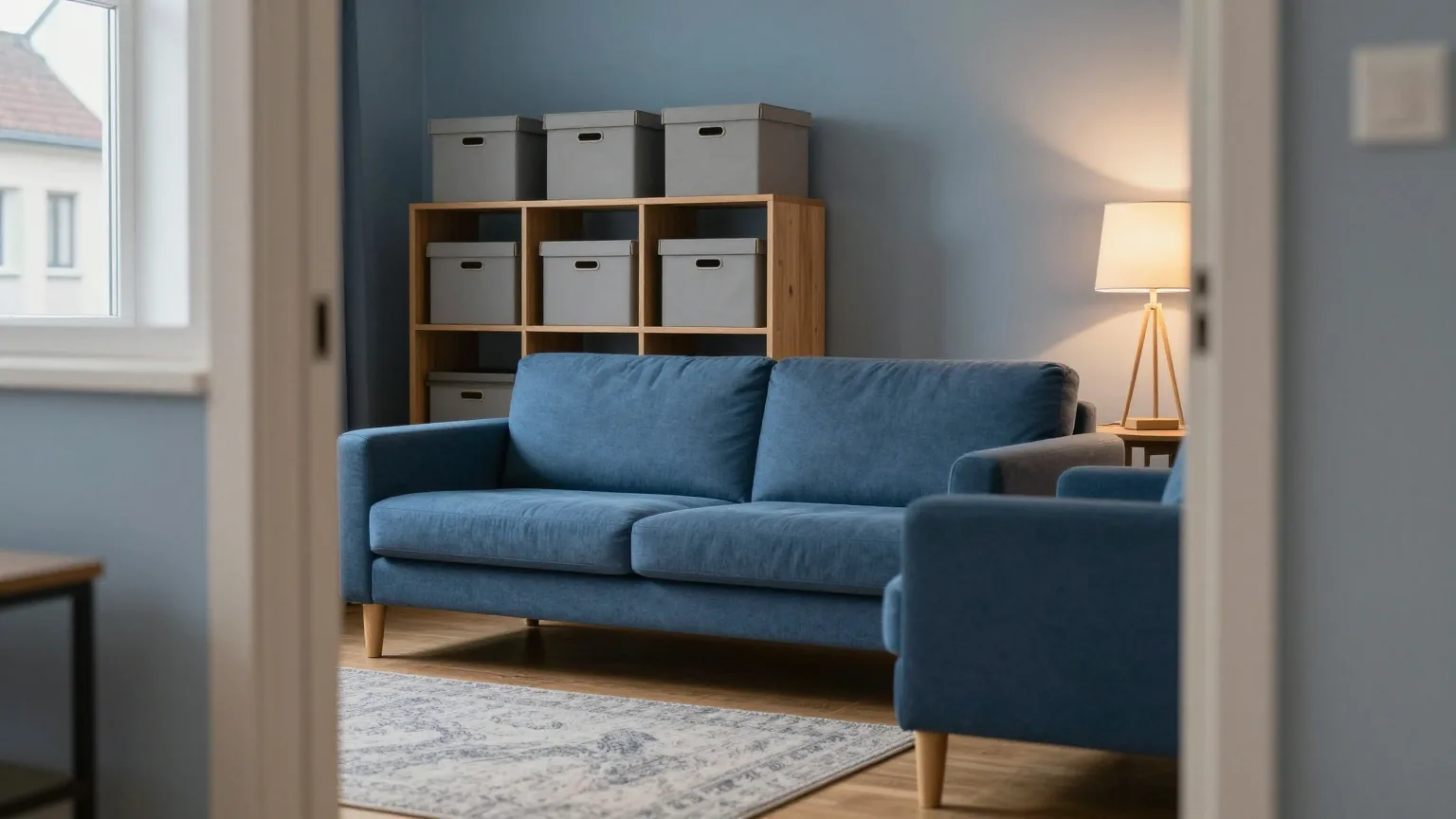 Ein gemütliches Wohnzimmer mit Sofa, Regal, Stehlampe und Teppich im warmen Abendlicht