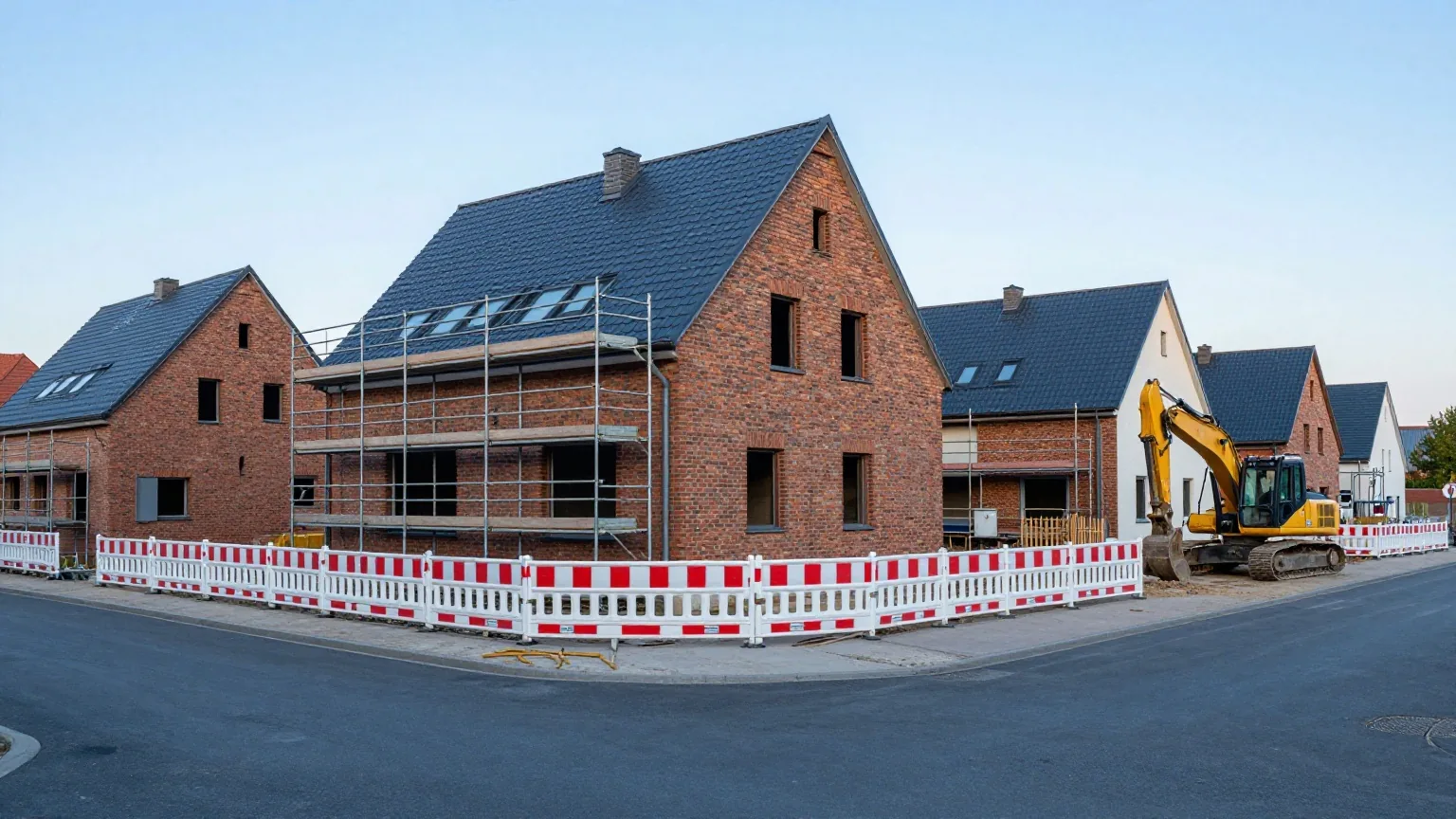 Eine Baustelle am Nachmittag mit halbfertigem Backsteinhaus, Gerüst, rot-weißem Absperrzaun und einem Bagger