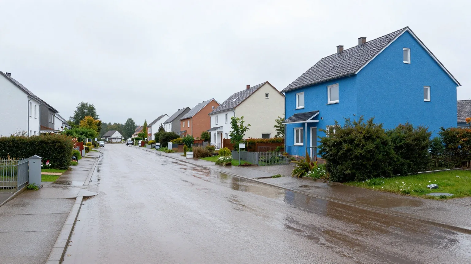 Eine Wohnstraße nach starkem Regen, flaches braunes Wasser steht auf der Fahrbahn und in den Vorgärten