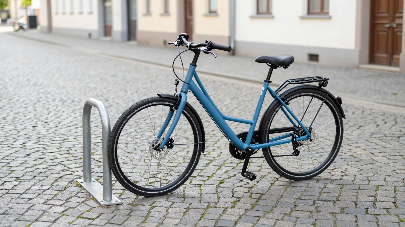 Ein modernes E-Bike ist mit einer schweren Kette an einen Fahrradständer in einem ruhigen Innenhof angeschlossen