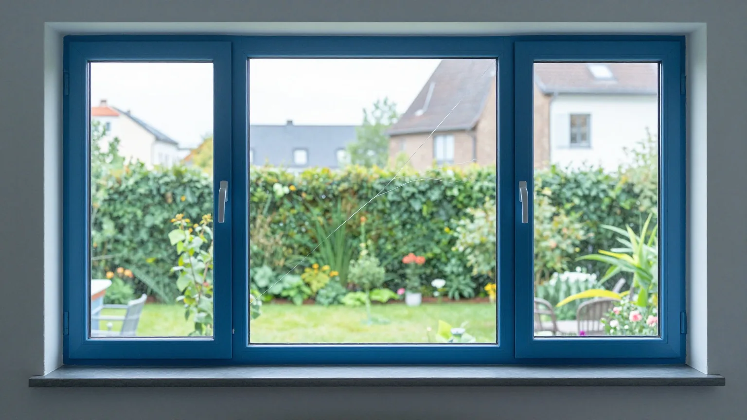 Ein großes Wohnzimmerfenster mit einem langen Riss quer durch eine Scheibe, dahinter ein Garten im Tageslicht