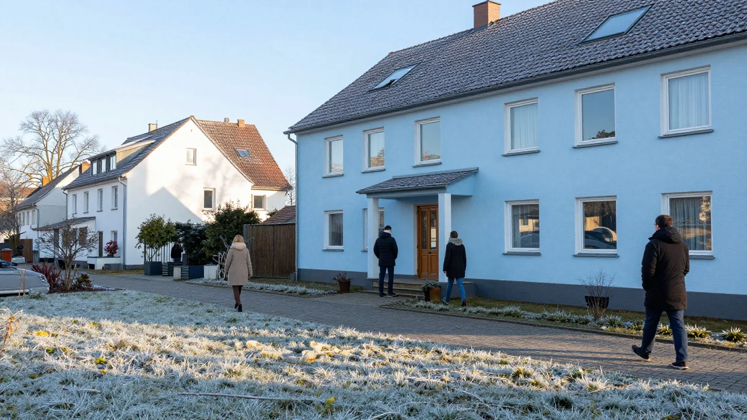 Ein Zweifamilienhaus mit kleinem Vorgarten und gepflastertem Weg zum Eingang an einem frostigen Wintermorgen