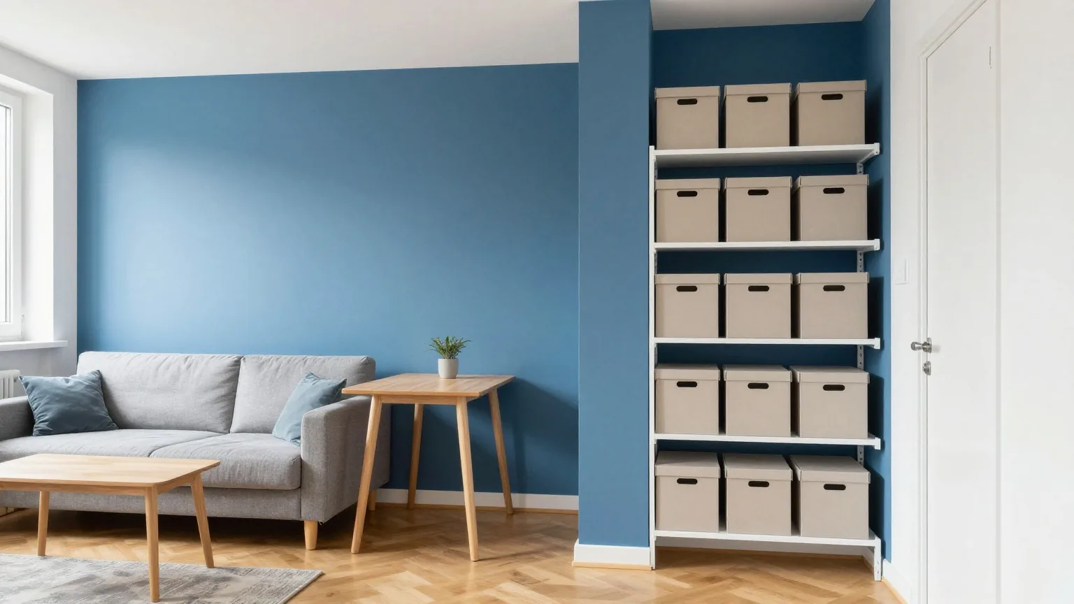 Eine helle, eingerichtete Zweizimmerwohnung vom Flur aus gesehen mit Sofa, Esstisch und Regalen in der Nachmittagssonne