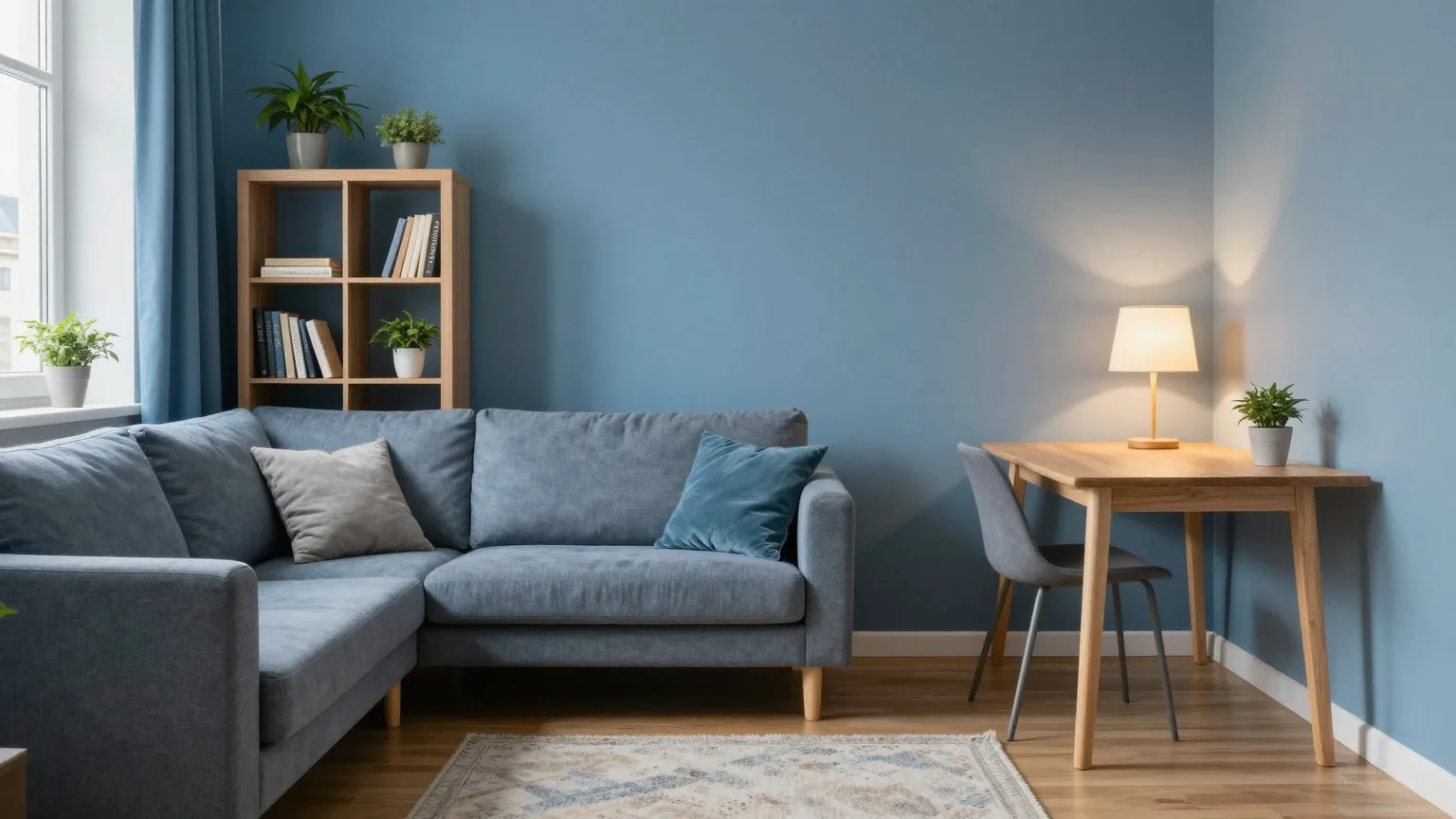 Ein gemütliches Wohnzimmer mit Sofa, Regal mit Pflanzen, Teppich und kleinem Esstisch im warmen Abendlicht