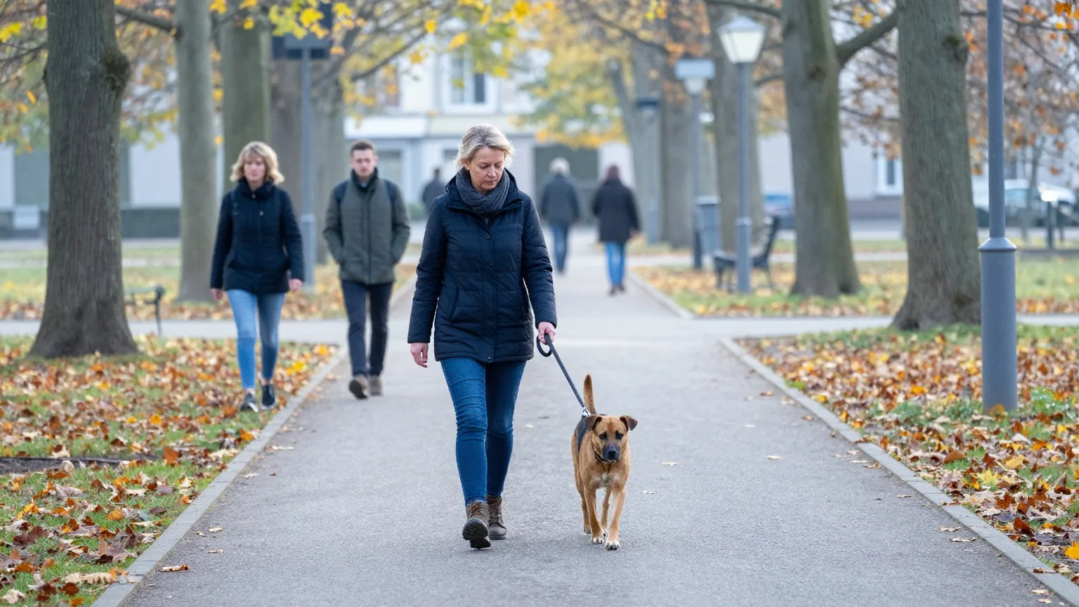 Eine Frau in den Vierzigern führt einen mittelgroßen braunen Hund an der Leine auf einem herbstlichen Parkweg