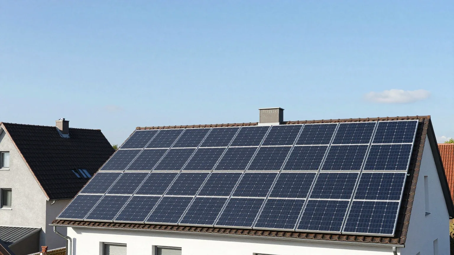 Reihen dunkler Solarmodule auf dem Ziegeldach eines Einfamilienhauses unter blauem Himmel mit wenigen Wolken