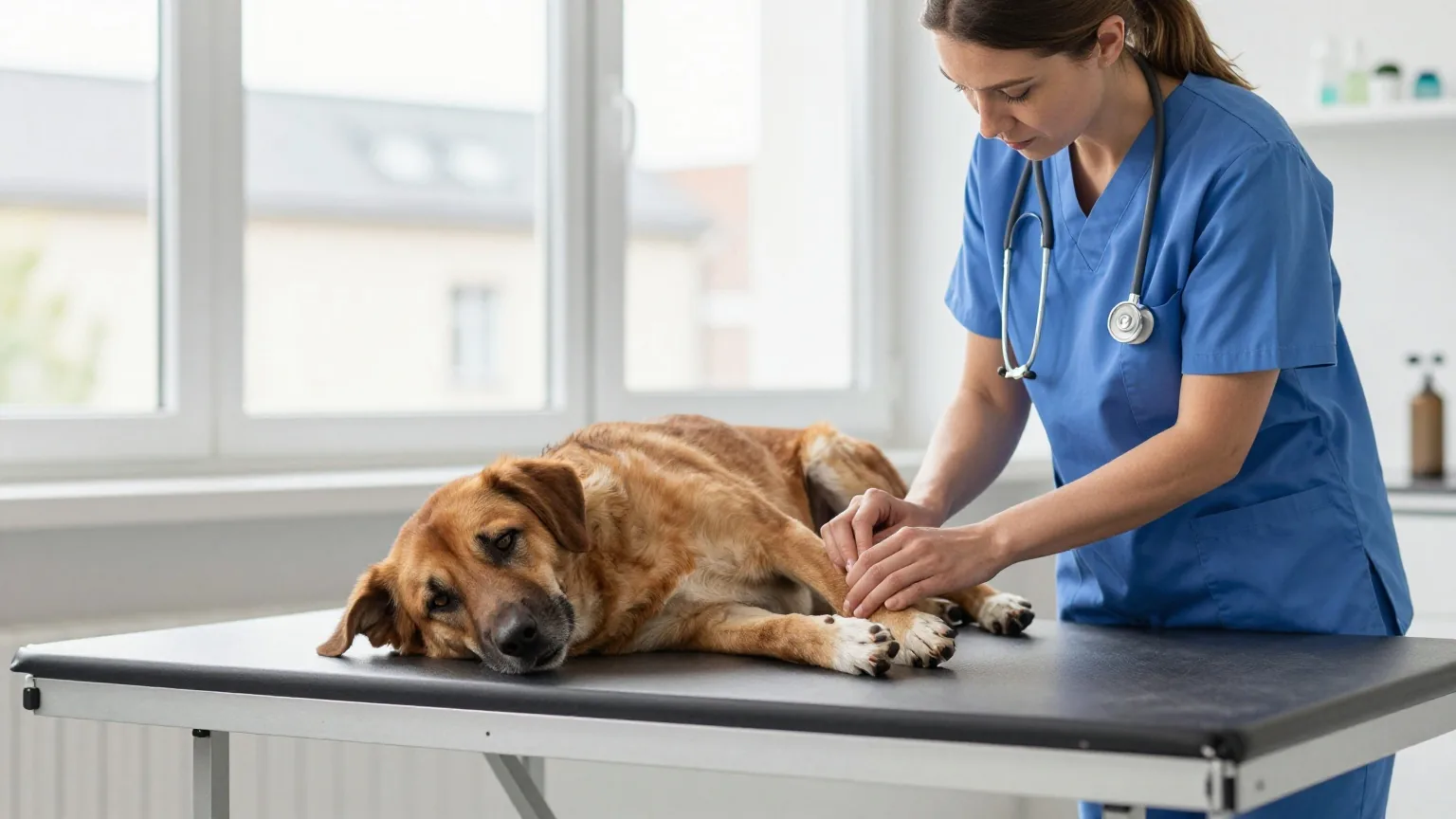 Eine Tierärztin untersucht in einer hellen Praxis die Pfote eines ruhig liegenden braunen Hundes