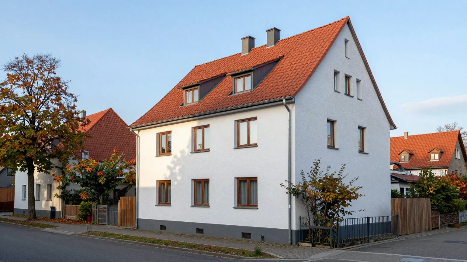 Ein freistehendes zweistöckiges Einfamilienhaus mit rotem Ziegeldach und weißer Fassade im Herbstlicht