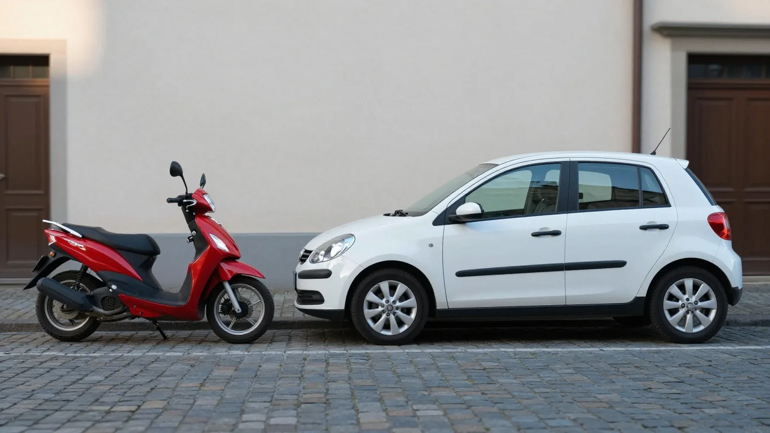 Ein rotes Motorrad und ein weißer Kleinwagen parken nebeneinander auf einer ruhigen Kopfsteinpflasterstraße