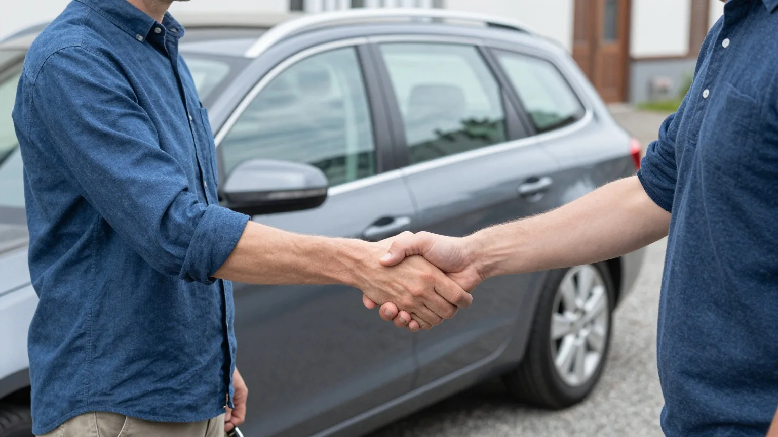 Zwei Erwachsene geben sich neben einem geparkten grauen Kombi auf einer Kieseinfahrt die Hand, einer hält einen Autoschlüssel