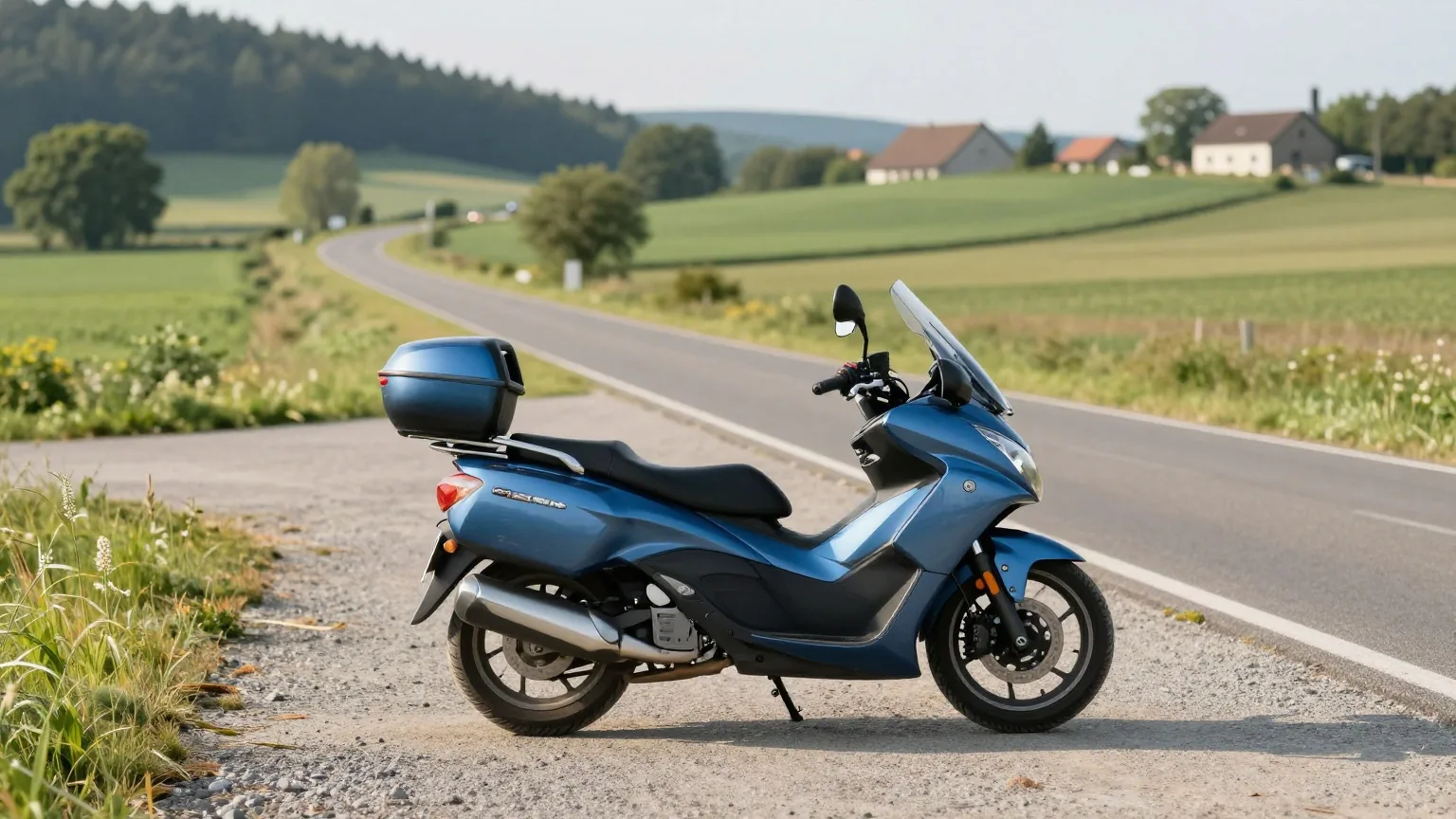 Ein Tourenmotorrad steht an einer Haltebucht neben einer kurvigen Landstraße im Frühsommer, im Hintergrund Hügel im Morgenlicht