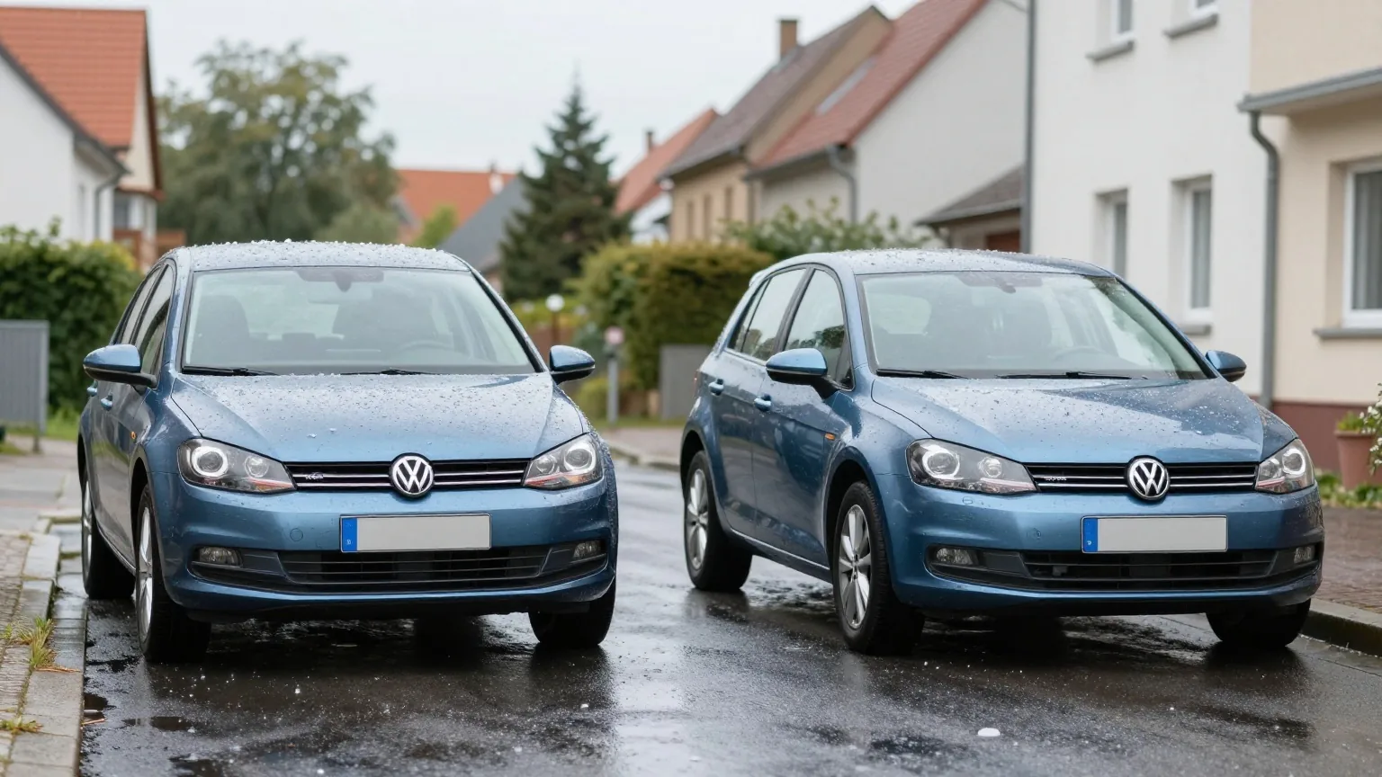 Zwei geparkte Kleinwagen in einer Wohnstraße nach einem Hagelschauer, Eiskörner auf den Motorhauben, nasser Asphalt