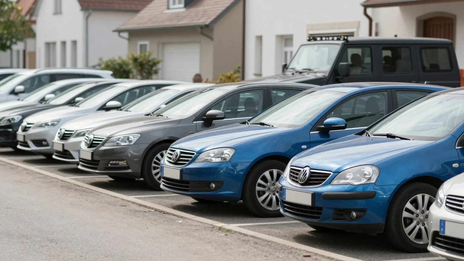 Verschiedene Autos stehen nebeneinander auf einem sonnigen Parkplatz, ein Kleinwagen, ein Kombi und ein großer Geländewagen