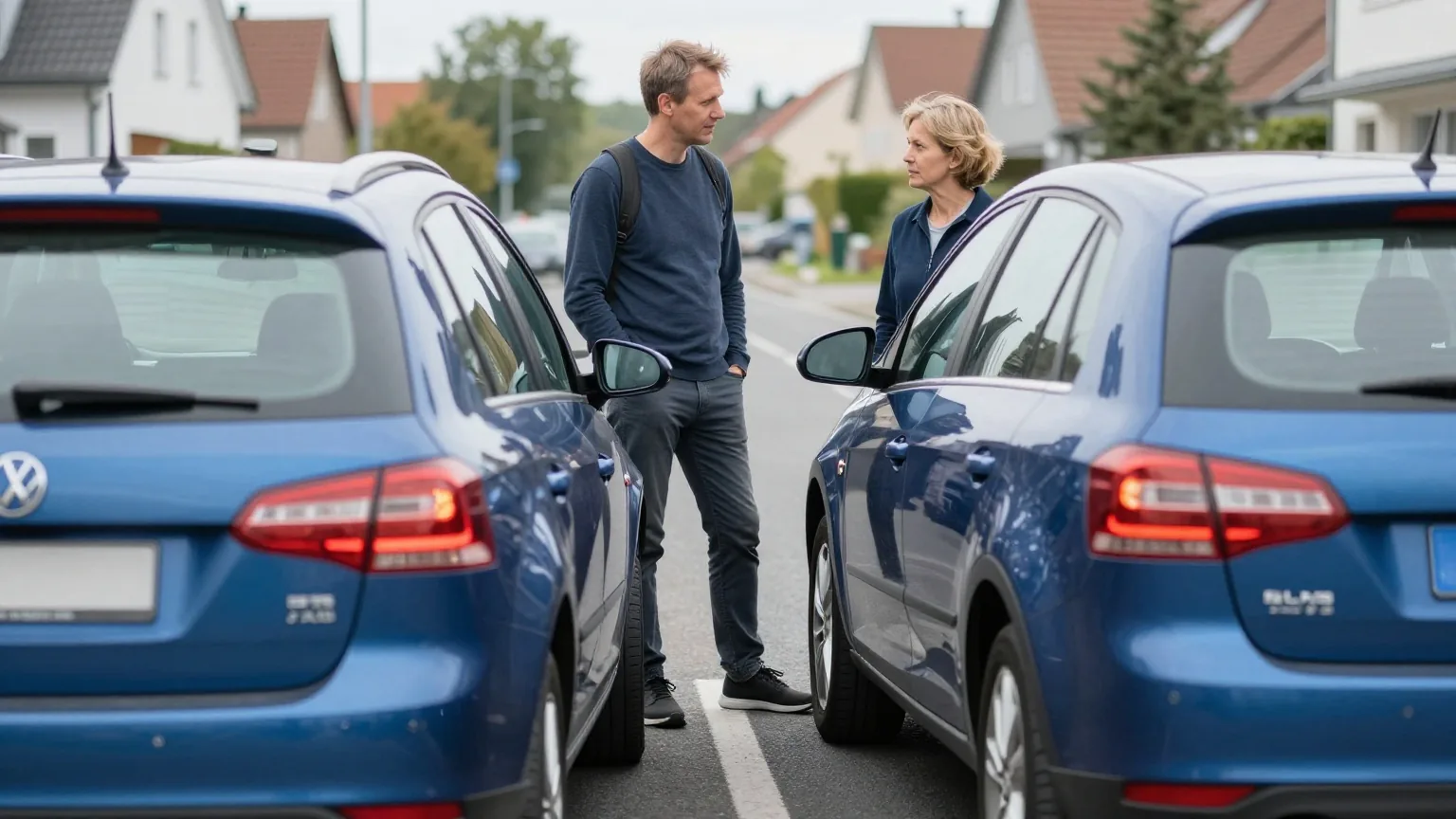Zwei Autos stehen nach einem leichten Auffahrunfall hintereinander, ein Mann und eine Frau in den Vierzigern sprechen ruhig miteinander