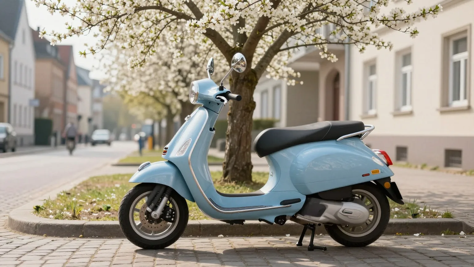 Ein hellblauer Motorroller steht im Frühling auf einer gepflasterten Seitenstraße vor einem blühenden Baum