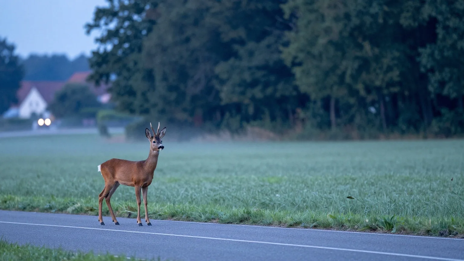 Ein Reh steht in der Dämmerung am Rand einer ruhigen Landstraße vor einem Wald, in der Ferne leuchten Scheinwerfer