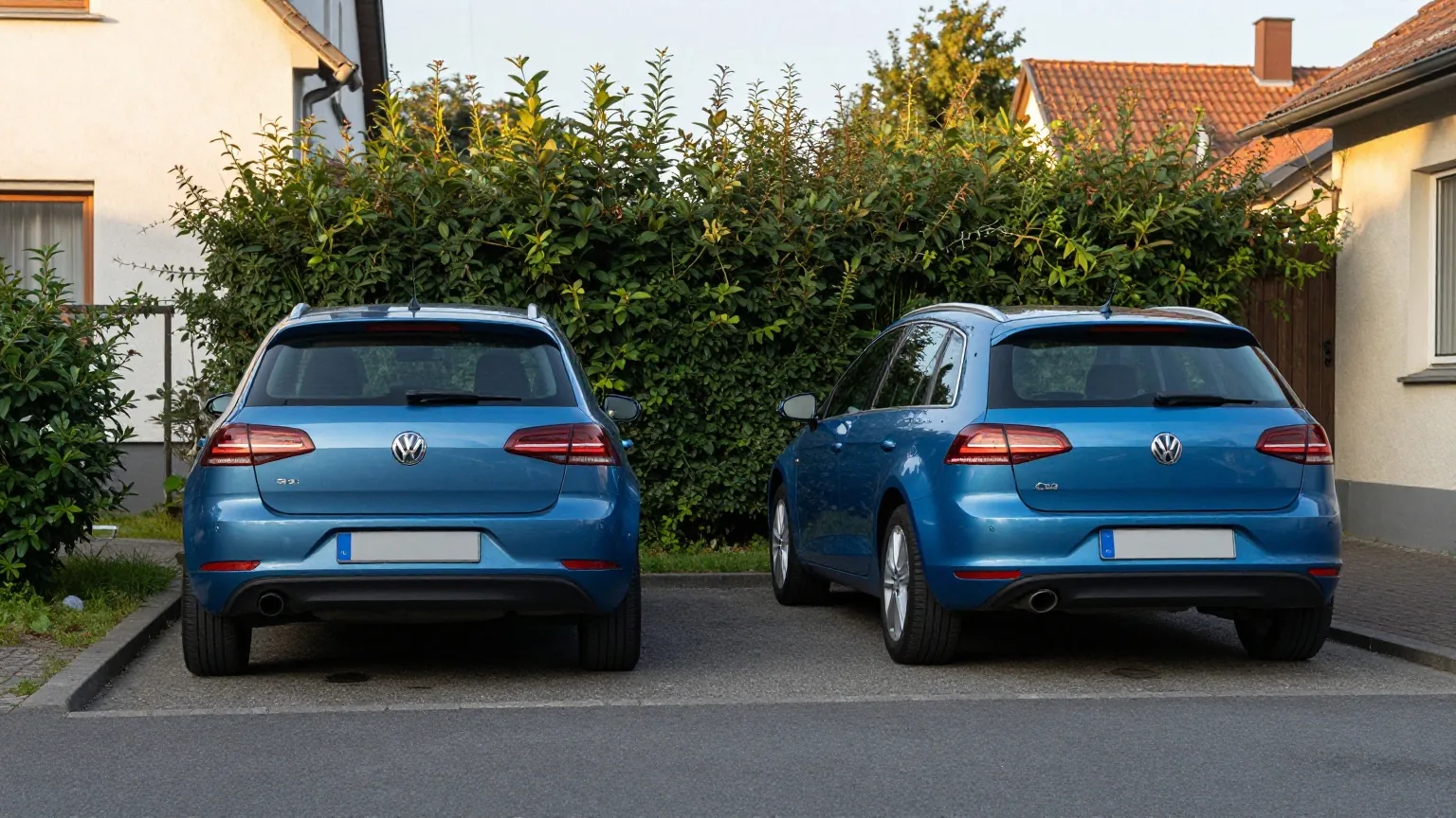 Zwei unterschiedliche Autos parken nebeneinander in der Einfahrt eines Einfamilienhauses an einem ruhigen Sommerabend