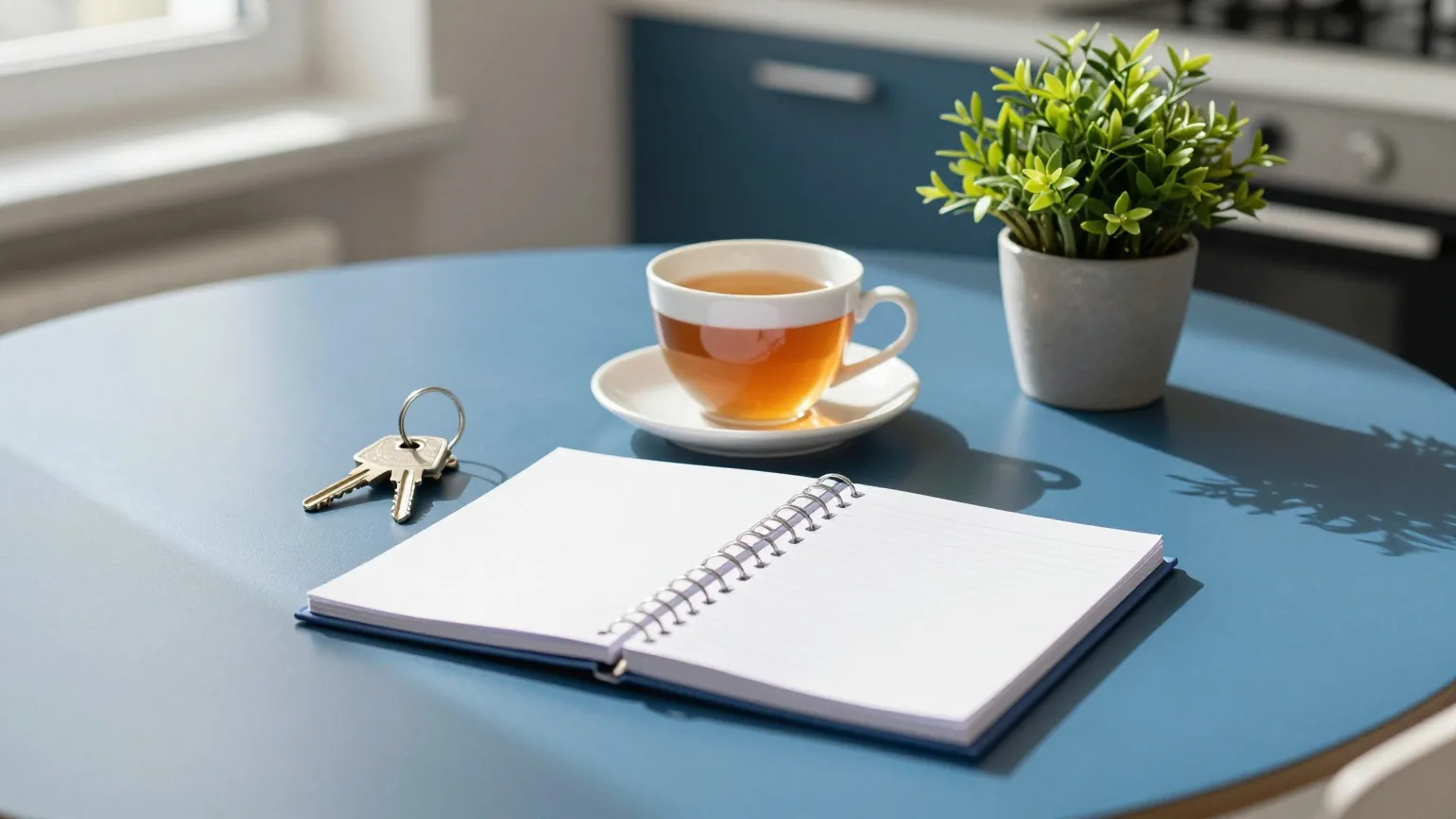 Ein sonniger Küchentisch mit Teetasse, Hausschlüssel, kleiner Topfpflanze und einem geöffneten, leeren Ringordner