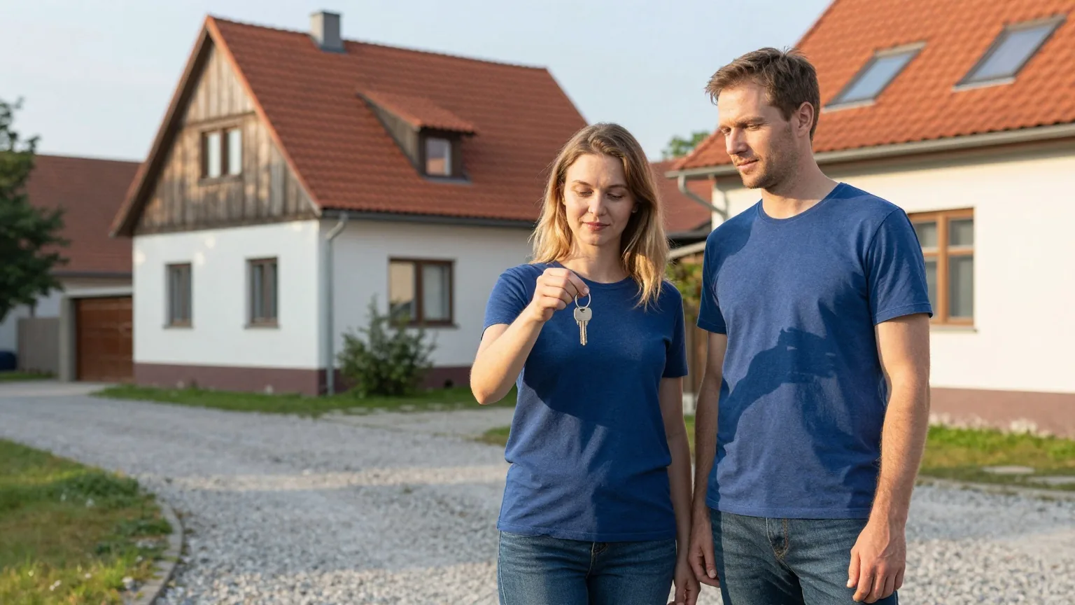 Ein Paar in den Dreißigern steht mit einem Schlüsselbund vor einem älteren Einfamilienhaus mit rotem Ziegeldach
